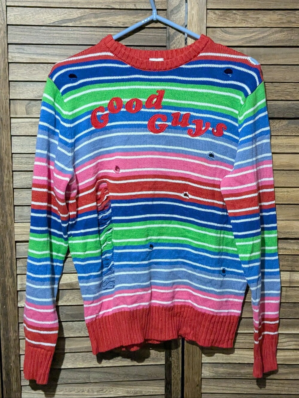 Chucky Good Guys Distressed Knit Striped Crewneck Sweater Small